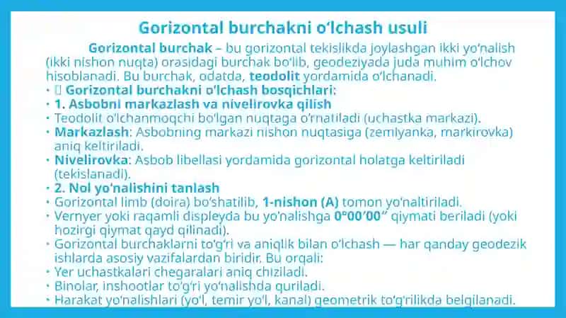 BURCHAK O‘LCHASH USULLARI. TEODOLITNI TEKShIRISH VA SOZLASH 4