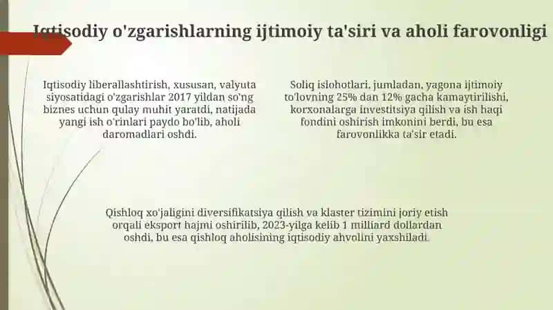O'zbekistondaijtimoiysohadaamalgaoshirilayotgano'zgarishlarmazmunvamohiyati 4
