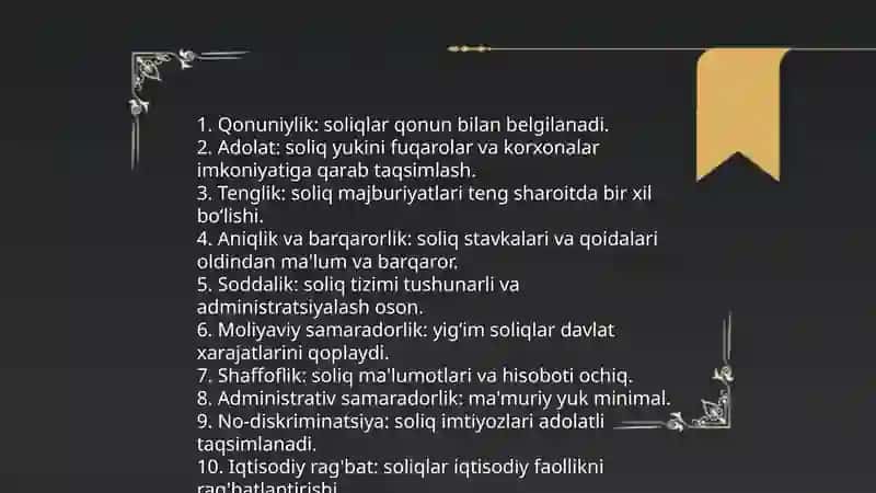 Soliqlar va boshqa majburiy toʻlovlar va oʻziga xos xususiyatlari 4