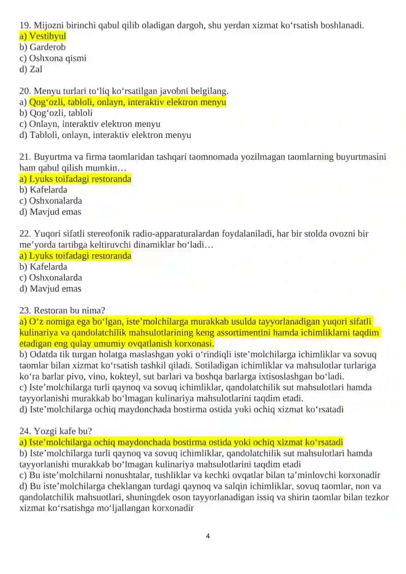 RESTORAN ISHI fanidan talabalari uchun YAKUNIY NAZORAT SAVOLLARI 4