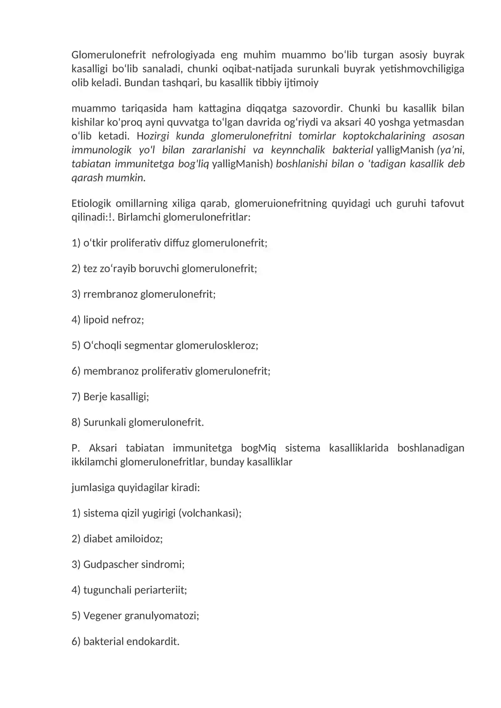 Buyrak kasalliklari. Rivojlanish anomaliyalari. Glomerulopatiyalar 4