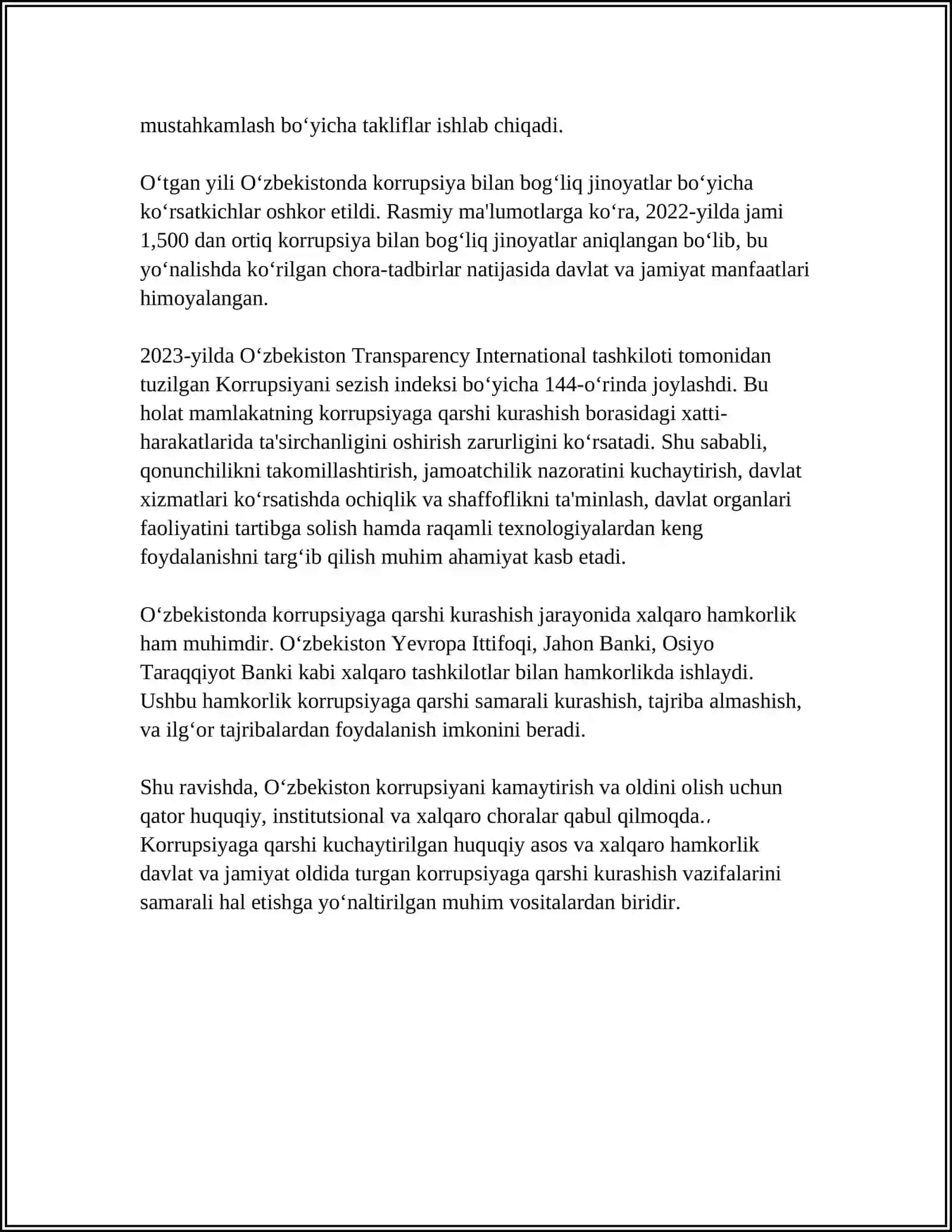 "ÕZBEKISTONDA KORRUPSIYAGA QARSHI KURASHISH MEXANIZMLARI"MAVZUSIDA ESSE TAYYORLASH 4