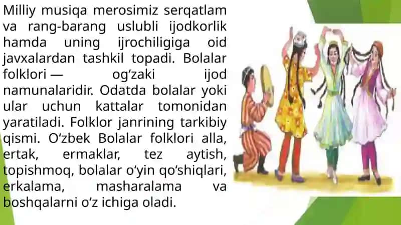 MAKTABGACHA YOSHDAGI BOLALARNI XALQ FOLKLOR IJROCHILIK NAMUNALARI BILAN TANISHTIRISH 4