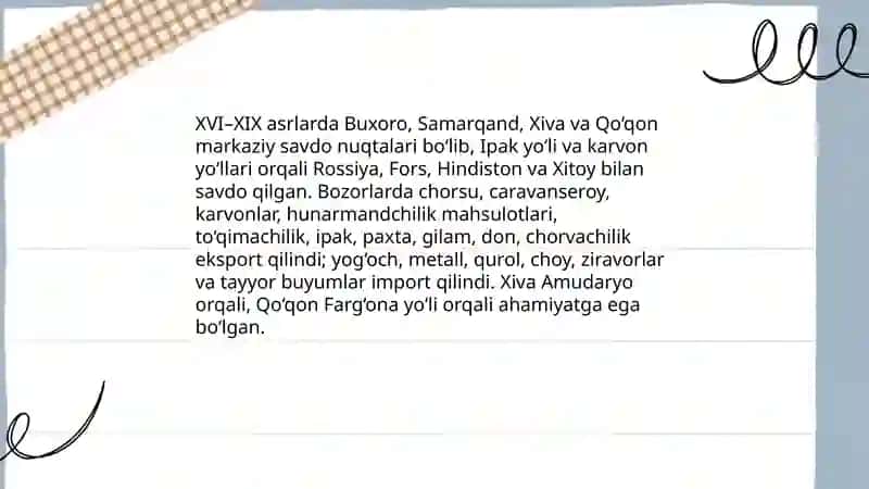 XVI—XIX asrlarda O’zbek xonliklarida tashqi savdo 4