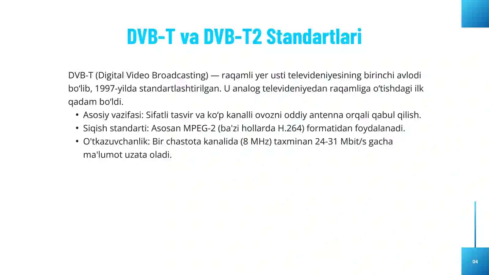 DVB-T, DVB-T2 standartlarida qo‘llaniluvchi raqamli modulyatsiya turlari 4