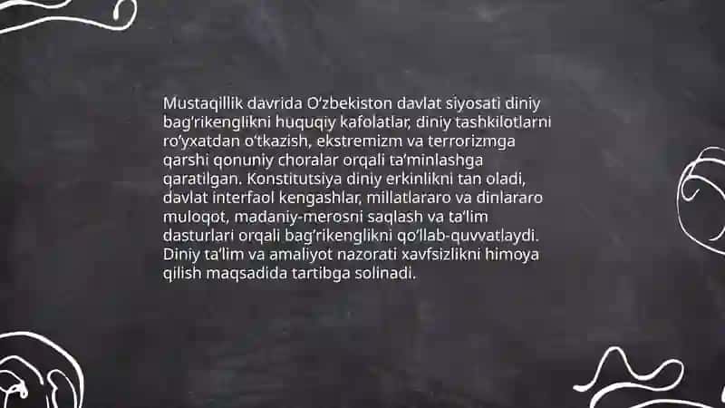 Oʻzbekistonda Dinlararo bagʻrikenglik,millatlararo munosabatlar va bagʻrikenglikning shakllanishi 4
