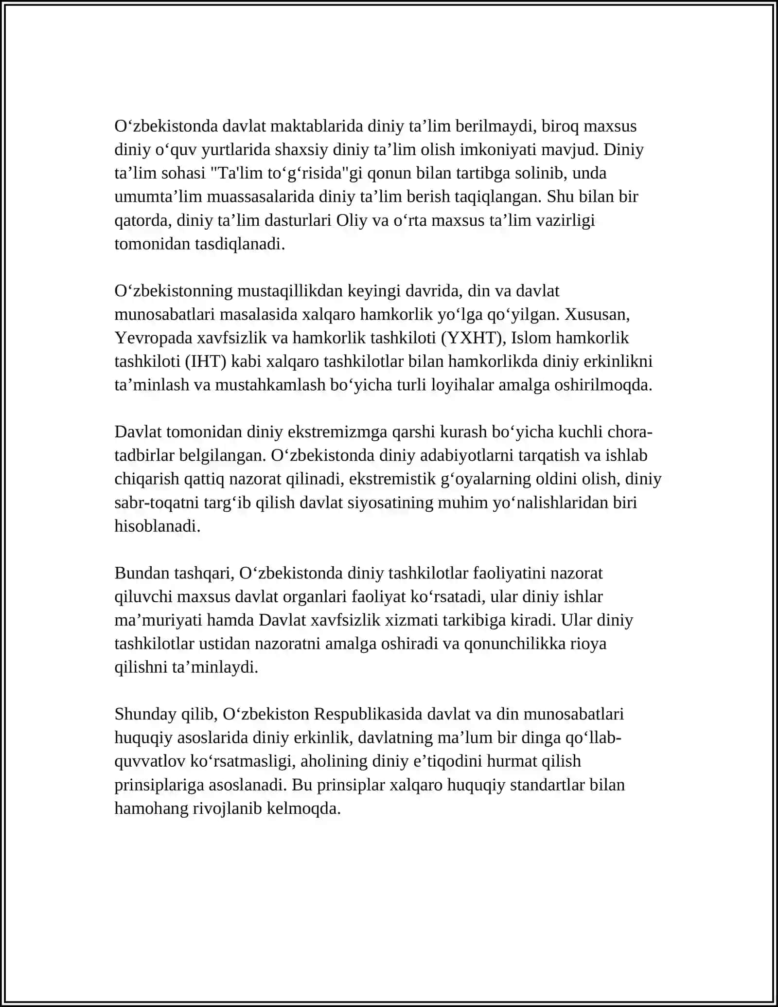 O'ZBEKISTONDA DAVLAT VA DIN MUNOSABATLARIGA DOIR QONUN HUJJATLAR 4