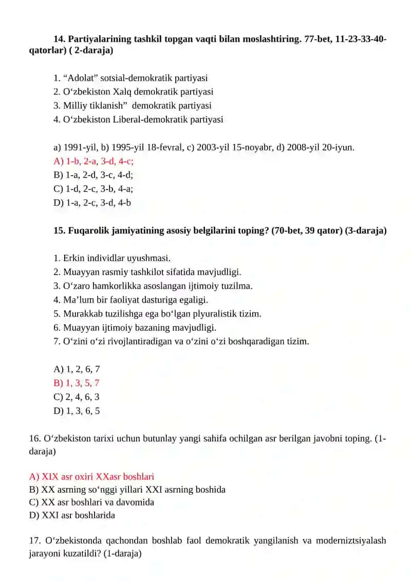 O’zbekistonning eng yangi tarixi fanidan test savollari 4