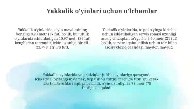 Tennis uyini maydon oʻlchamlari 4