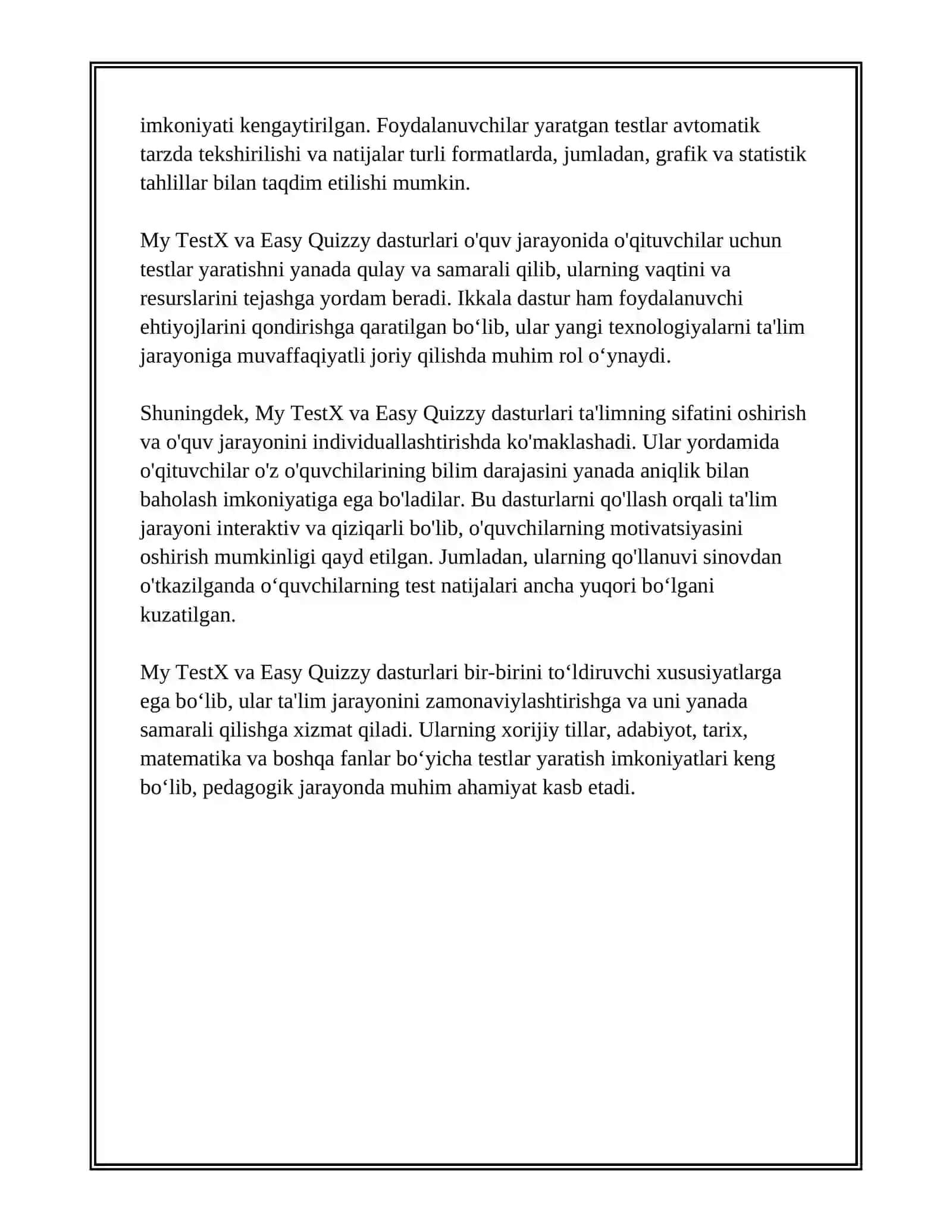 MY TESTX EASY QUIZZY DASTURLARI VA ULARNING IMKONIYATLARI 4