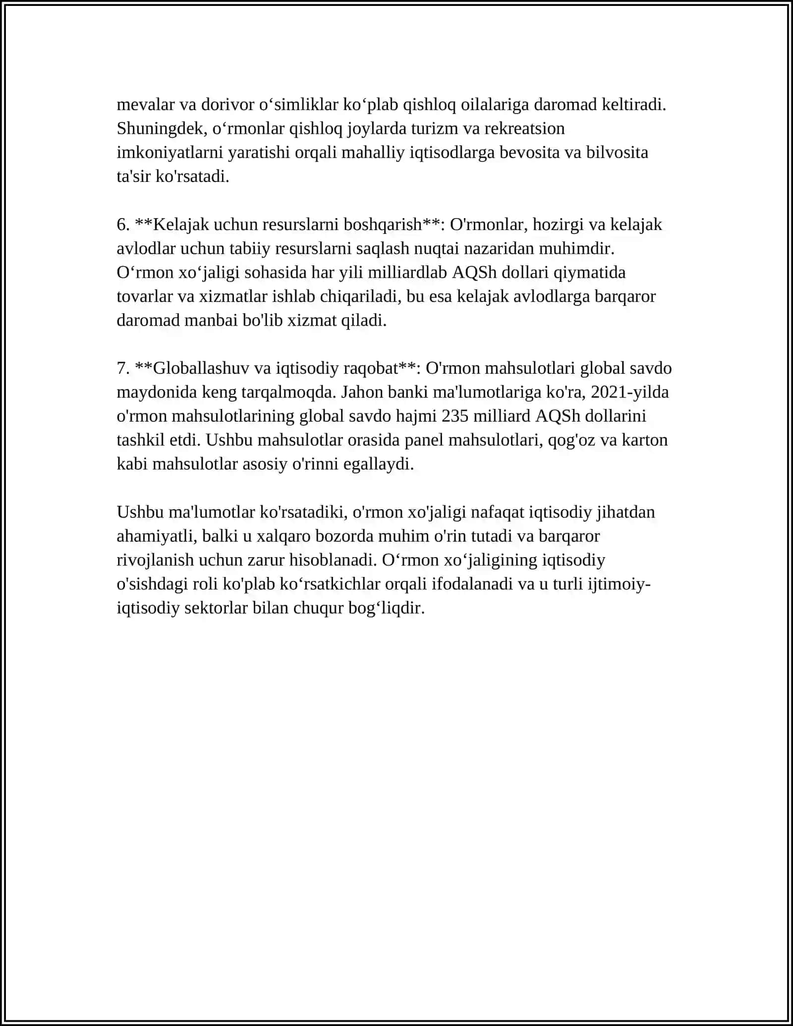 OʻRMON XOʻJALIGINING FOYDALI VA ZARARLI TOMONLARINING IQTISODIYOTGA TAʼSIRI 4