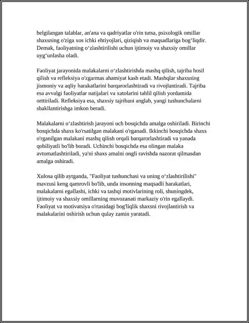 FAOLIYATNING OʻZLASHTIRILISHI VA MALAKALARNI EGALLASH. MOTIV VA MOTIVATSIYA 4