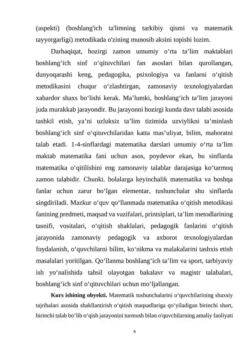 Og‘zaki matematik mashqlardan foydalanib 4-sinf o‘quvchilarini o‘quv faolligini rivojlantirish 4