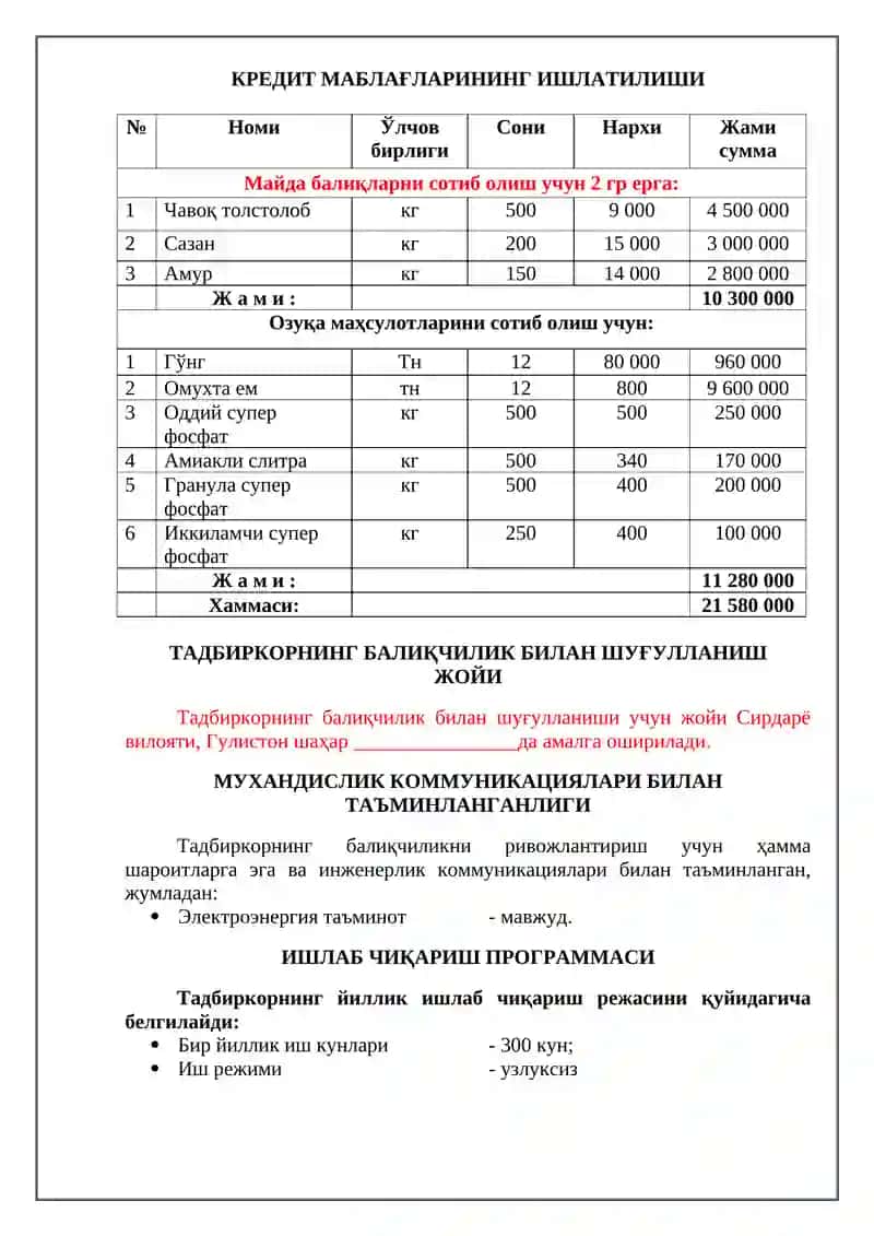 БАЛИҚЧИЛИКНИ РИВОЖЛАНТИРИШ БЎЙИЧА ТАЙЁРЛАНГАН БИЗНЕС-РЕЖАСИ 4