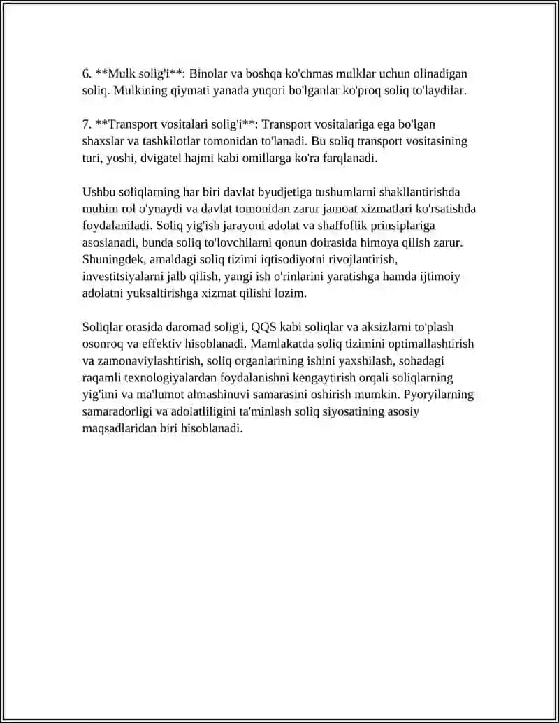 SOLIQLAR VA BOSHQA MAJBURIY TOʻLOVLAR VA O'ZIGA XOS XUSUSIYATLARI 4