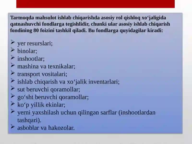QISHLOQ XO‘JALIGINING ASOSIY VA AYLANMA FONDLARI, ULARDAN SAMARALI FOYDALANISH 4