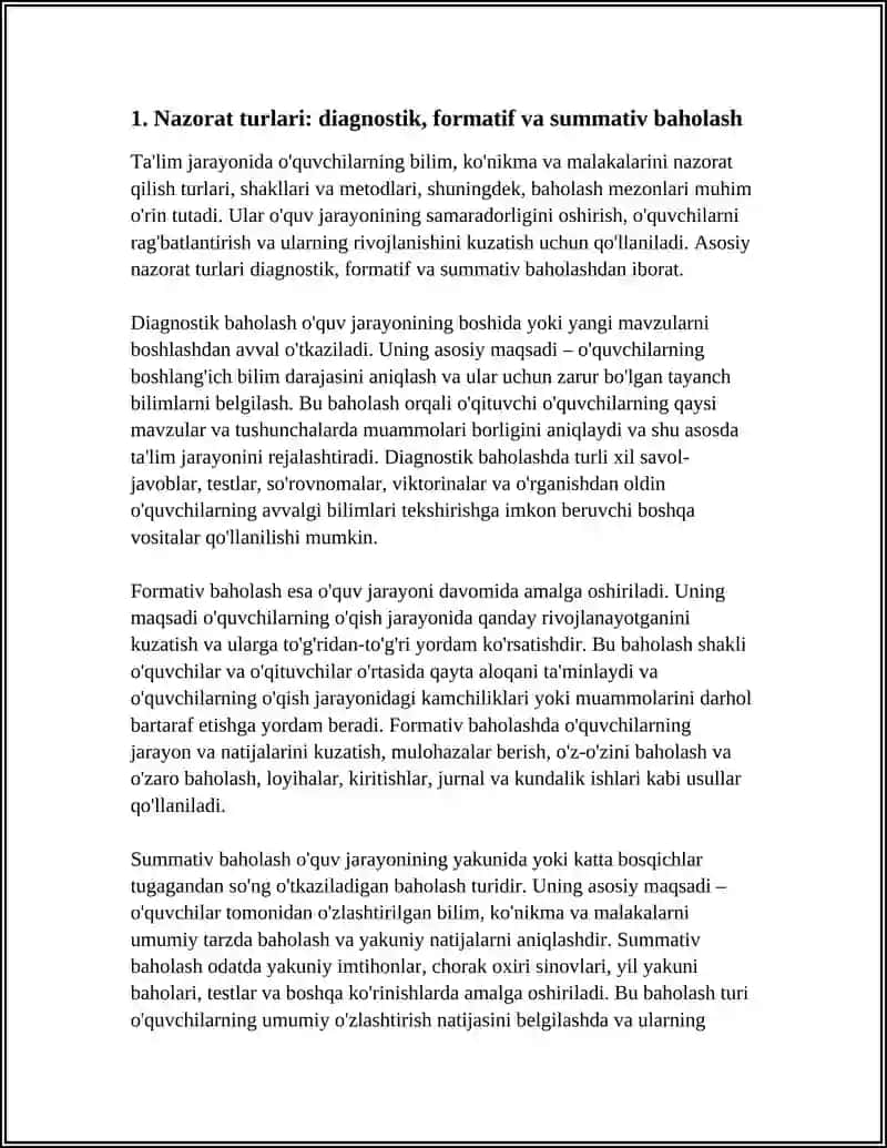 O'QUVCHILARNING BILIM KO'NIKMA VA MALAKALARINI NAZORAT QILISH TURLARI SHAKLI METODLARI O'QUVCHILARNI BAHOLASH MEZONLARI 4