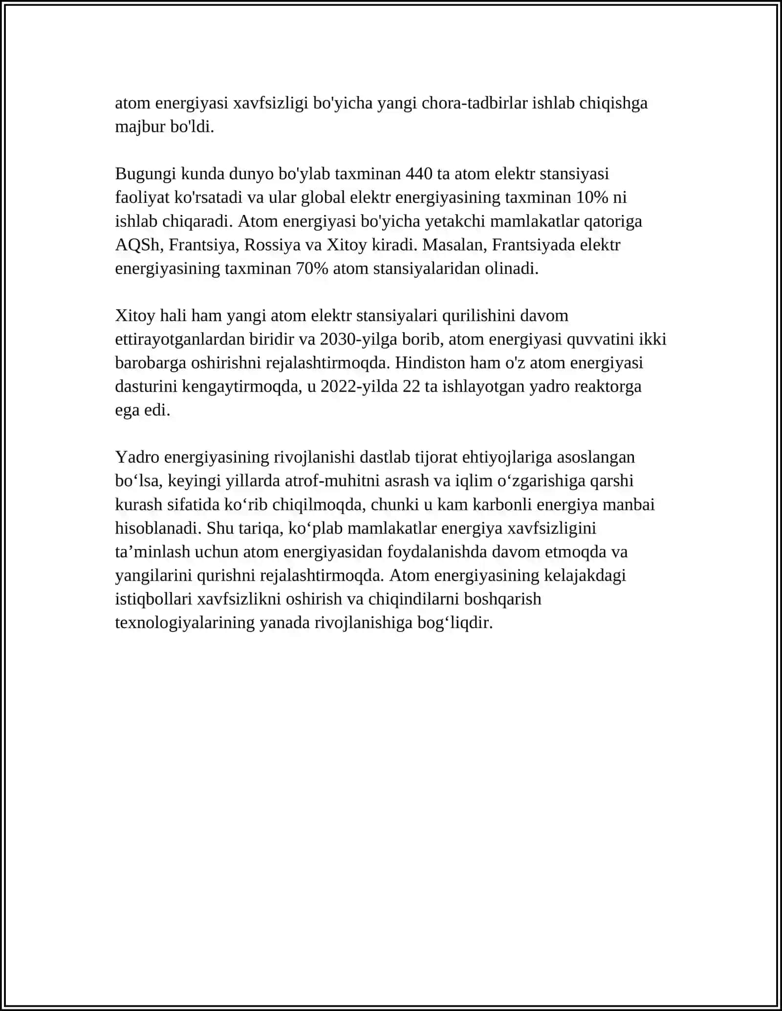 ATOM ENERGIYASI VA ÕZBEKISTONDA QILINADIGAN ISHLAR 4