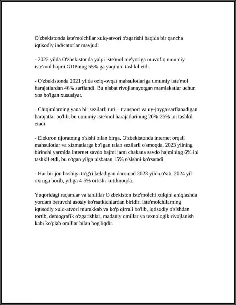 NOANIQLIK SHAROITIDA ISHTEMOLCHI TANLAVI 4