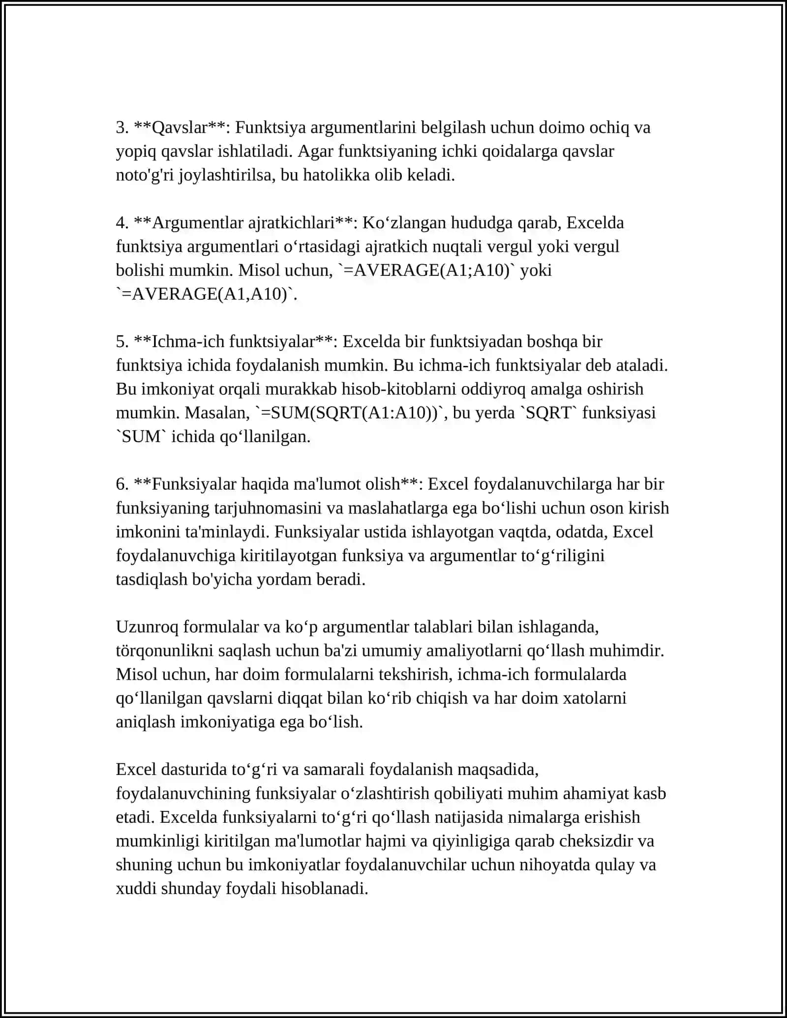 MS EXCELDA FUNKSIYA TUSHUNCHASI VA FUNKSIYA USTIDA FOYDALANISHNI O'RGANISH 4