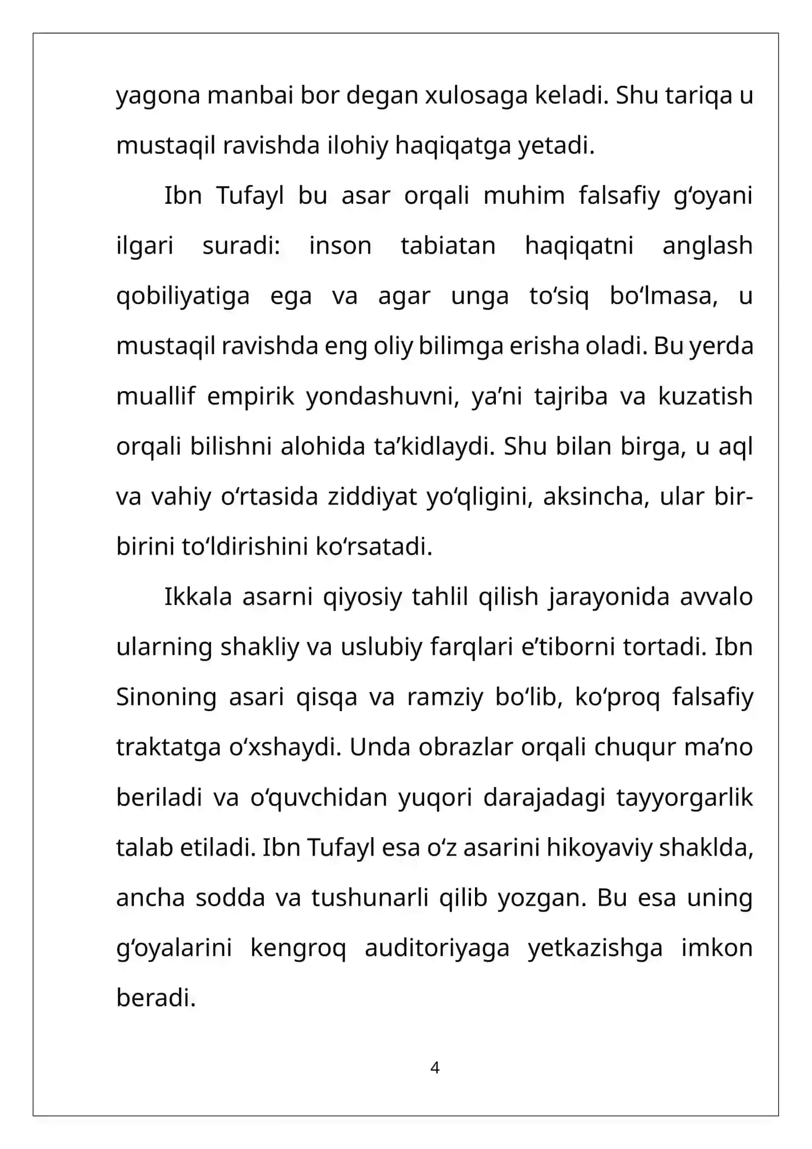 Ibn Tufayl va Ibn Sinoning “Xay ibn Yakzon o’g’li” risolasini qiysiy tahlil etish va esse tayyorlash. 4