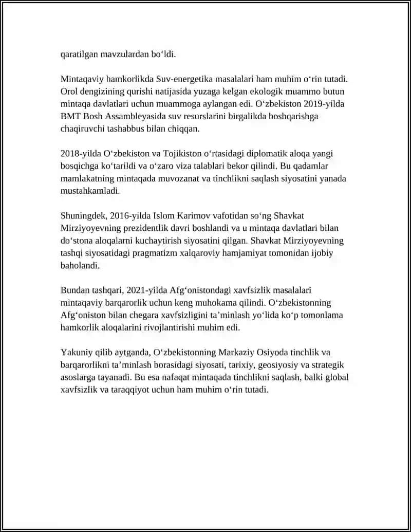 Oʻzbekistonning Markaziy Osiyoda Tinchlik va Barqarorlikni Taʼminlashdag 4