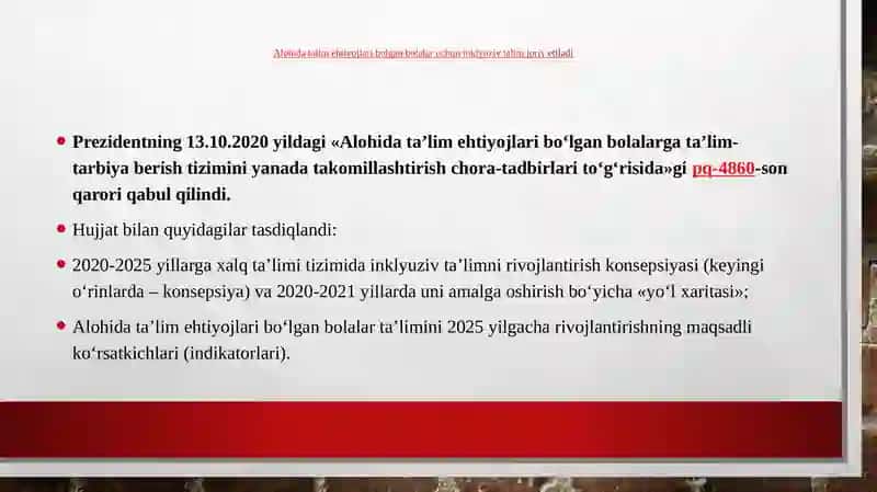 O‘zbekistonda inklyuziv taʼlimni rivojlantirish konsepsiyasini amalga oshirish strategiyasi. Imkoniyati cheklangan bolalarni inklyuziv taʼlimga jalb etishda TPPK ning ro‘li. Imkoniyati cheklangan bolalarni inklyuziv taʼlim jarayonida o‘qitishda individual dasturlarini tuzish, metodik va didaktik taʼminotini yaratish. Inklyuziv taʼlimga jalb qilingan bolalarga uslubiy va didaktik yordam bilan taʼminlash. 4