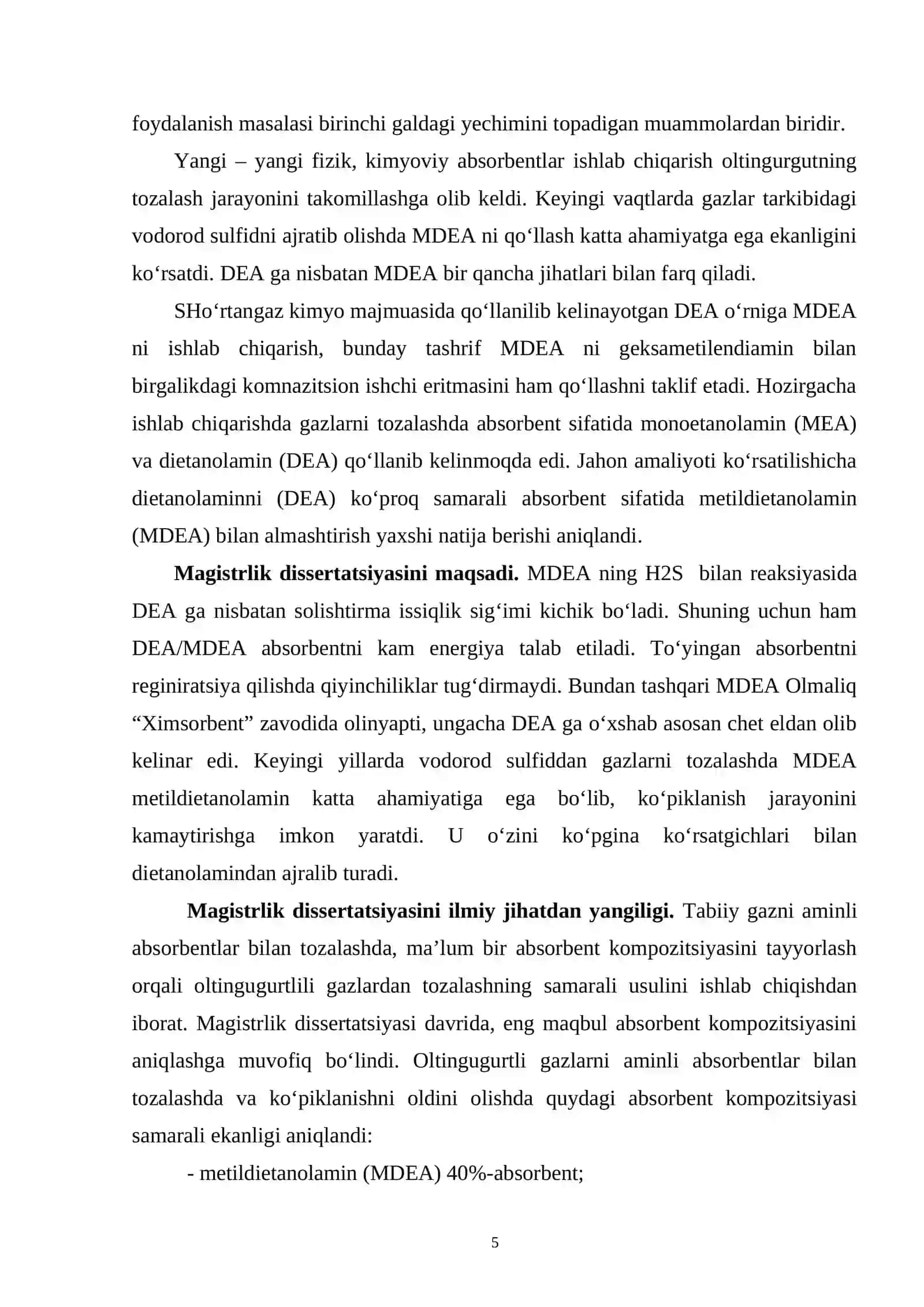 Nordon gazlarni tozalashda aminli absorbentlarni taqqoslash orqali ularning selektivligini aniqlash 4