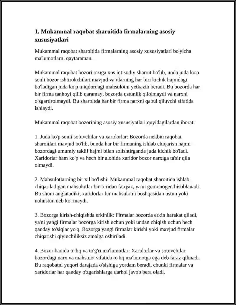Mukammal raqobatlashgan bozorda, qisqa muddatli oraliqda firma foydasini maksimallashtirish va uning taklifi 4