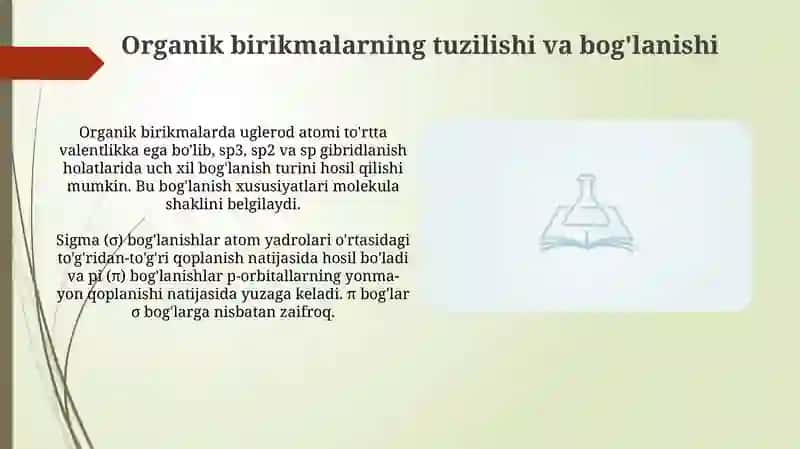 Organik kimyo asoslari. Organik birikmalarning asosiy sinflari. OBT nazariyasi 4