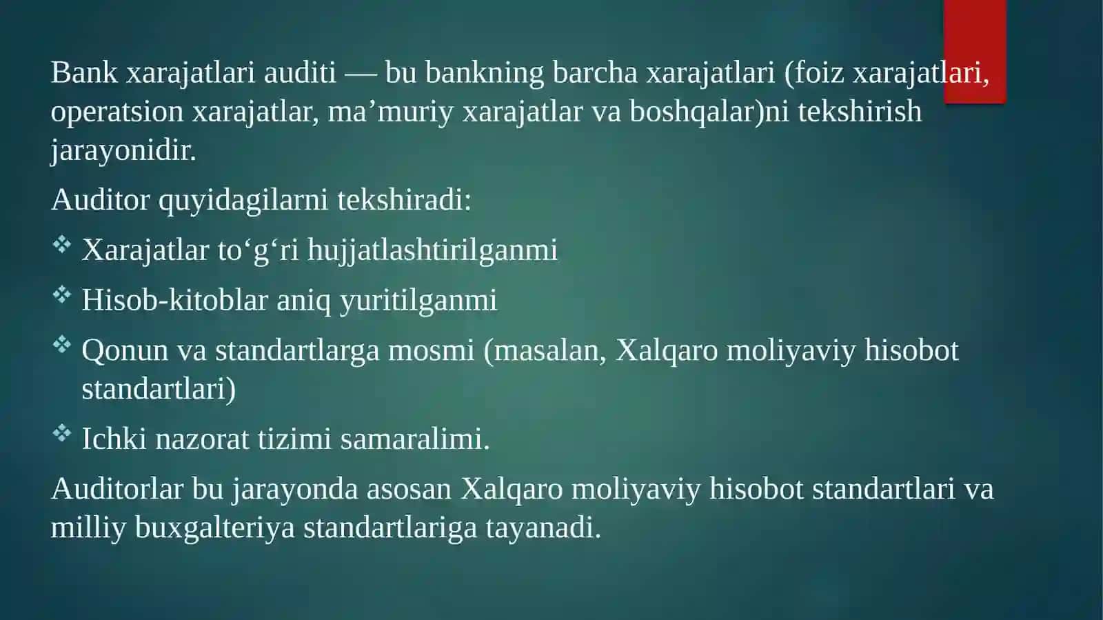BANK FAOLIYATI XARAJATLARI AUDITI BO‘YICHA AUDITORLIK XULOSALARI VA ULARNING BANK FAOLIYATINI SAMARALI OLIB BORISHDAGI AHAMIYATI 4