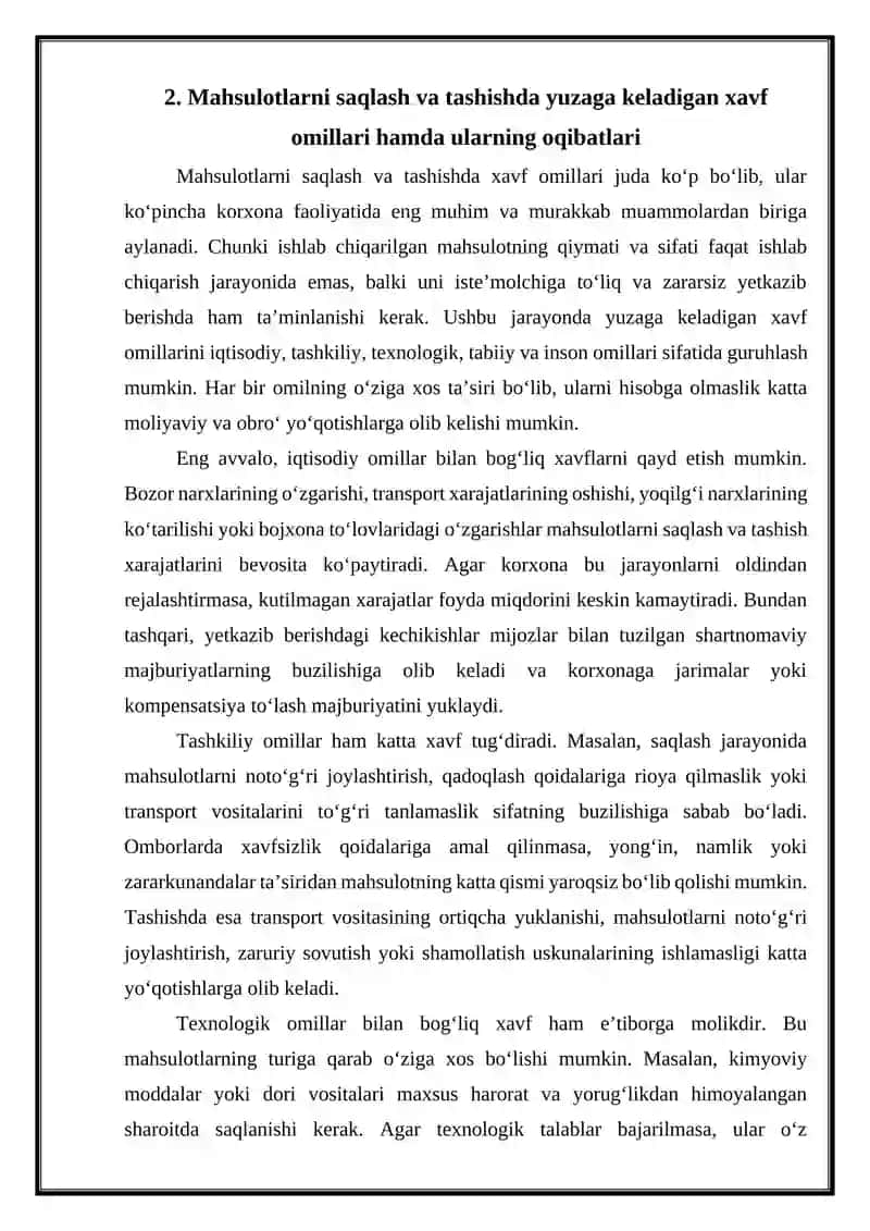 Mahsulotlarni saqlash va tashishga oid tavakkalchilikningo’ziga xos xususiyatlari 4