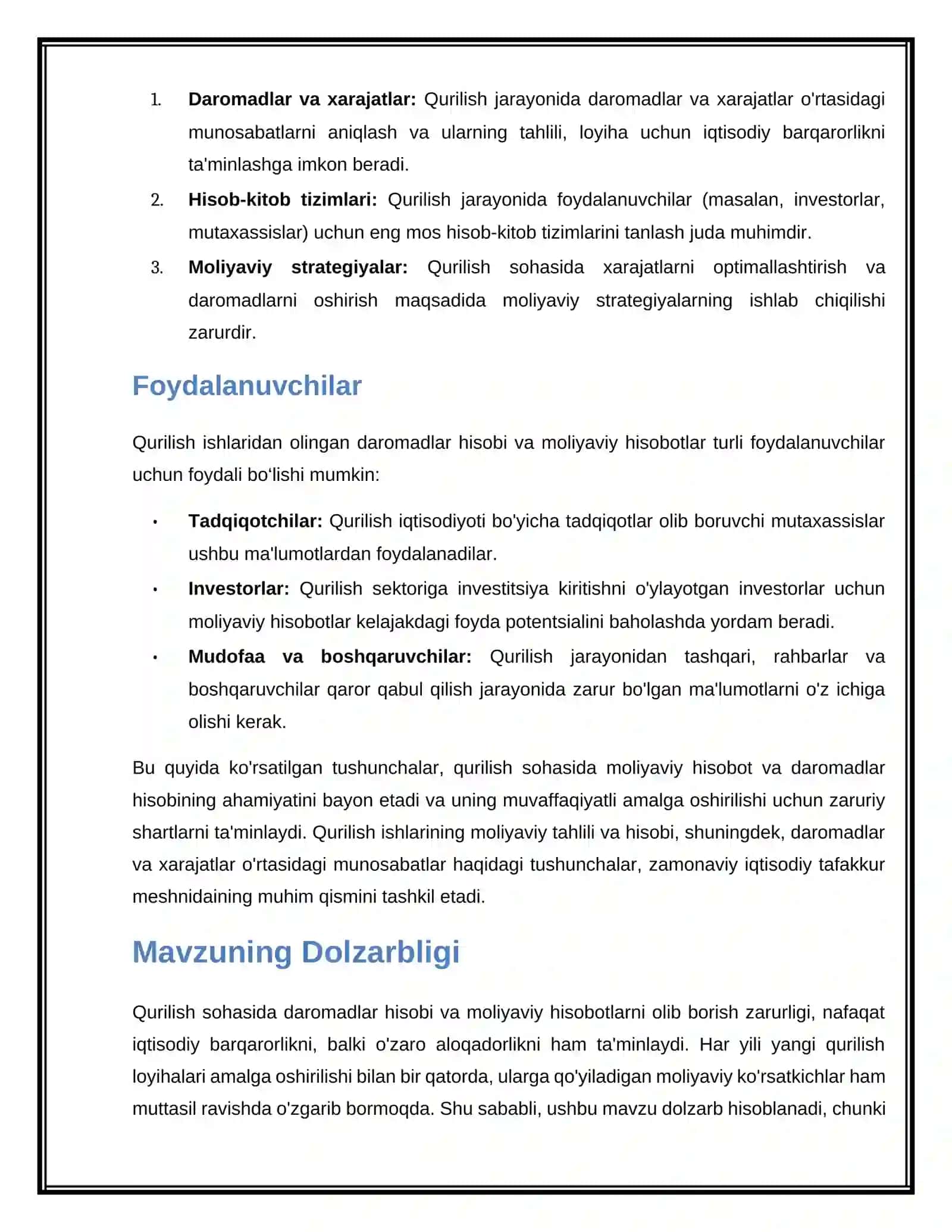 “QURILISH ISHLARINI BAJARISHDAN OLINGAN DAROMADLAR HISOBI VA MOLIYAVIY HISOBOT” 4