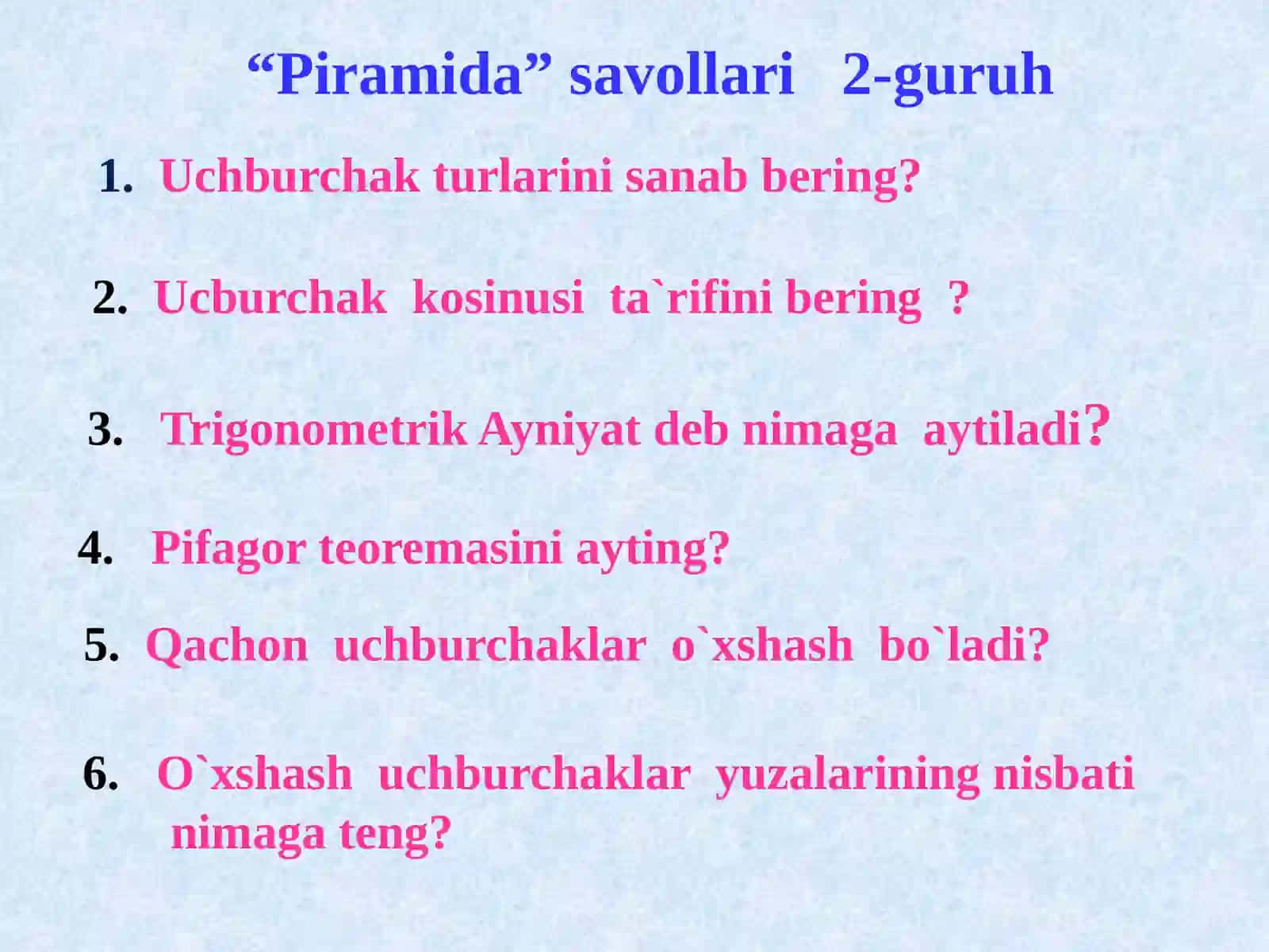 9-sinf Geometriya Uchburchak yuzini burchak sinusi yordamida hisoblash dars taqdimot 4