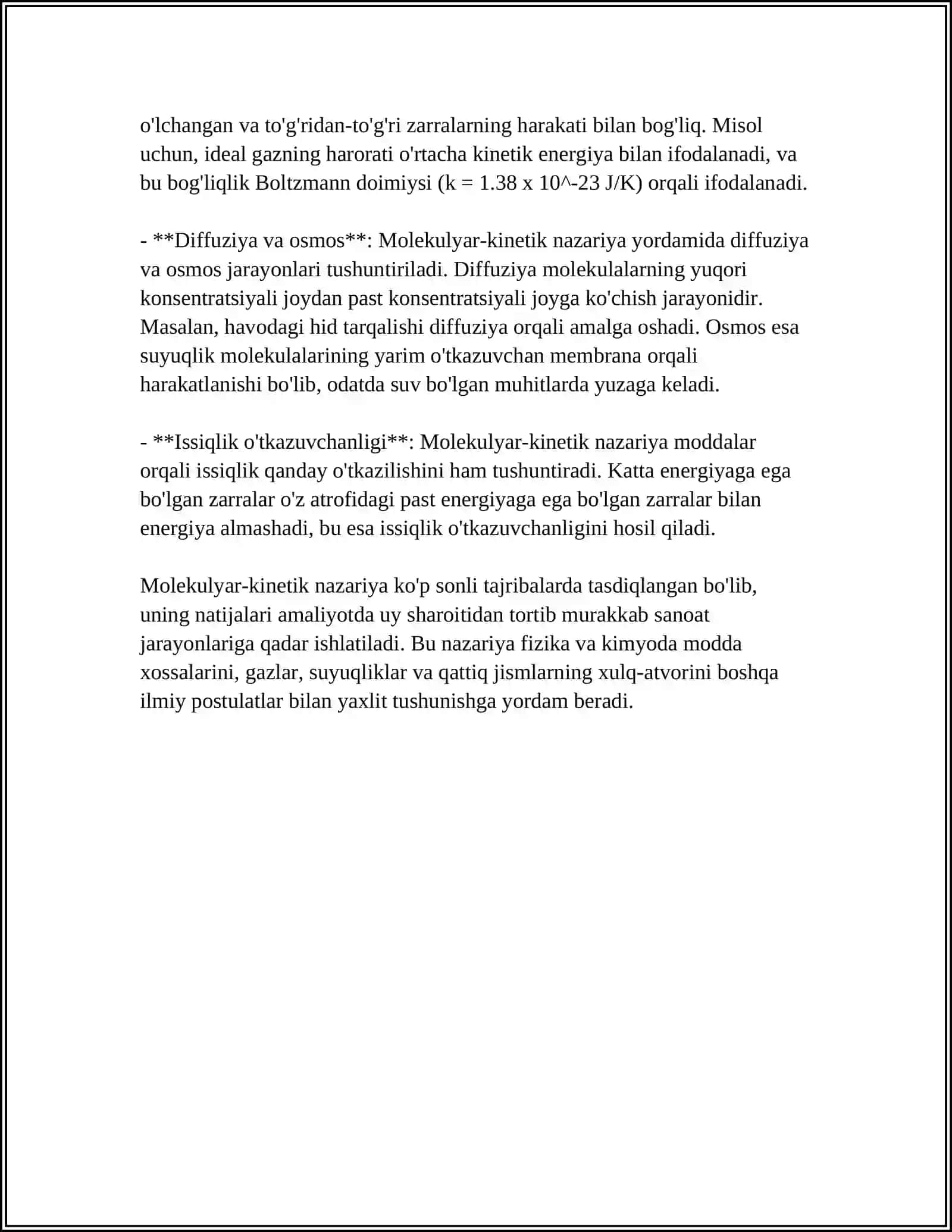 MOLEKULYAR-KINETIK NAZARIYANING ASOSIY QOIDALARI. MOLEKULANING MASSASI VA O'ICHAMLIGI. TEMPERATURALAR TERMODINAMIK SHKALASI 4