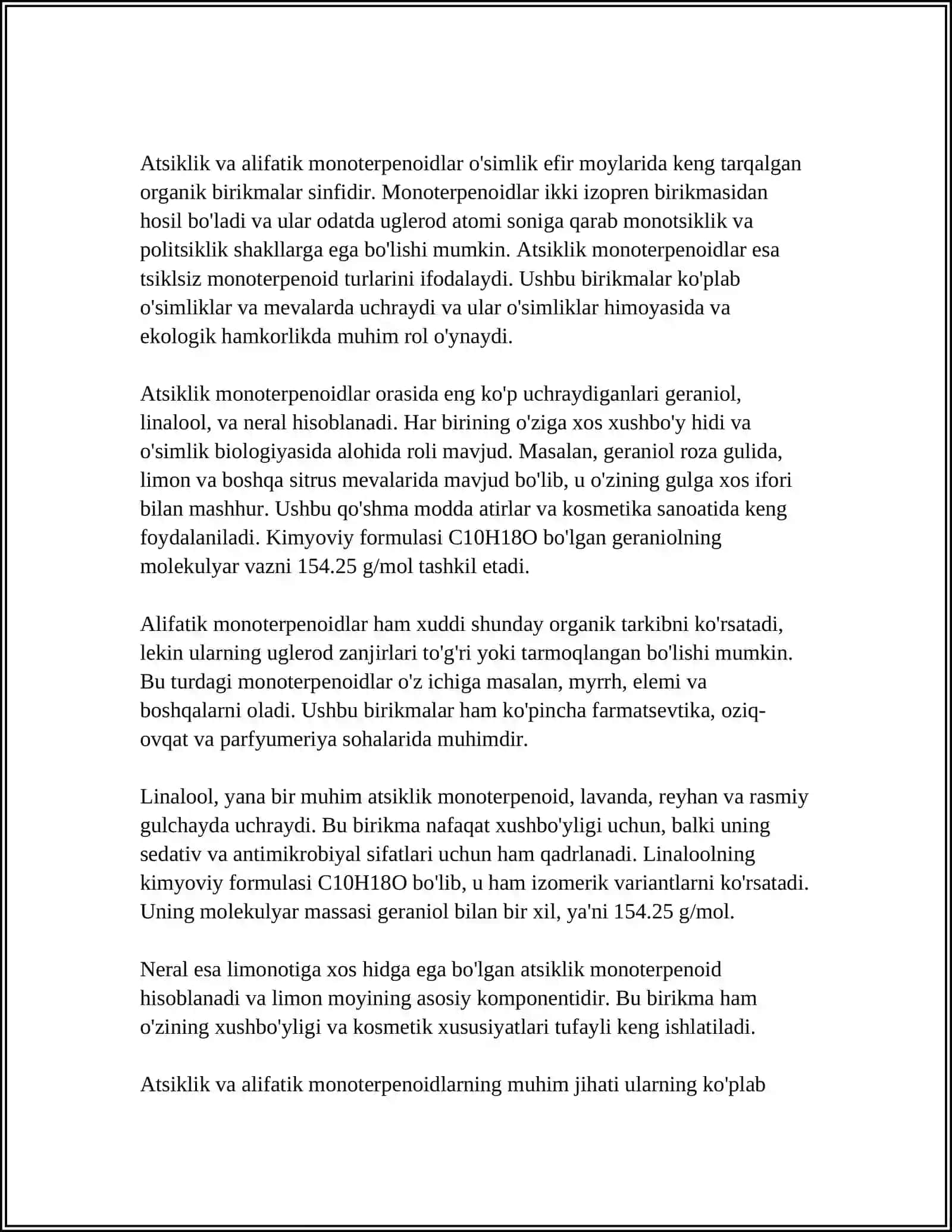 TARKIBIDA ASOSAN ATSIKLIK VA ALIFATIK MONOTERPENOIDLARNI SAQLOVCHI DORIVOR O'SIMLIK (GIYOH)LAR VA DORIVOR O'SIMLIK (GIYOH)LAR XOM ASHYOLARI 4