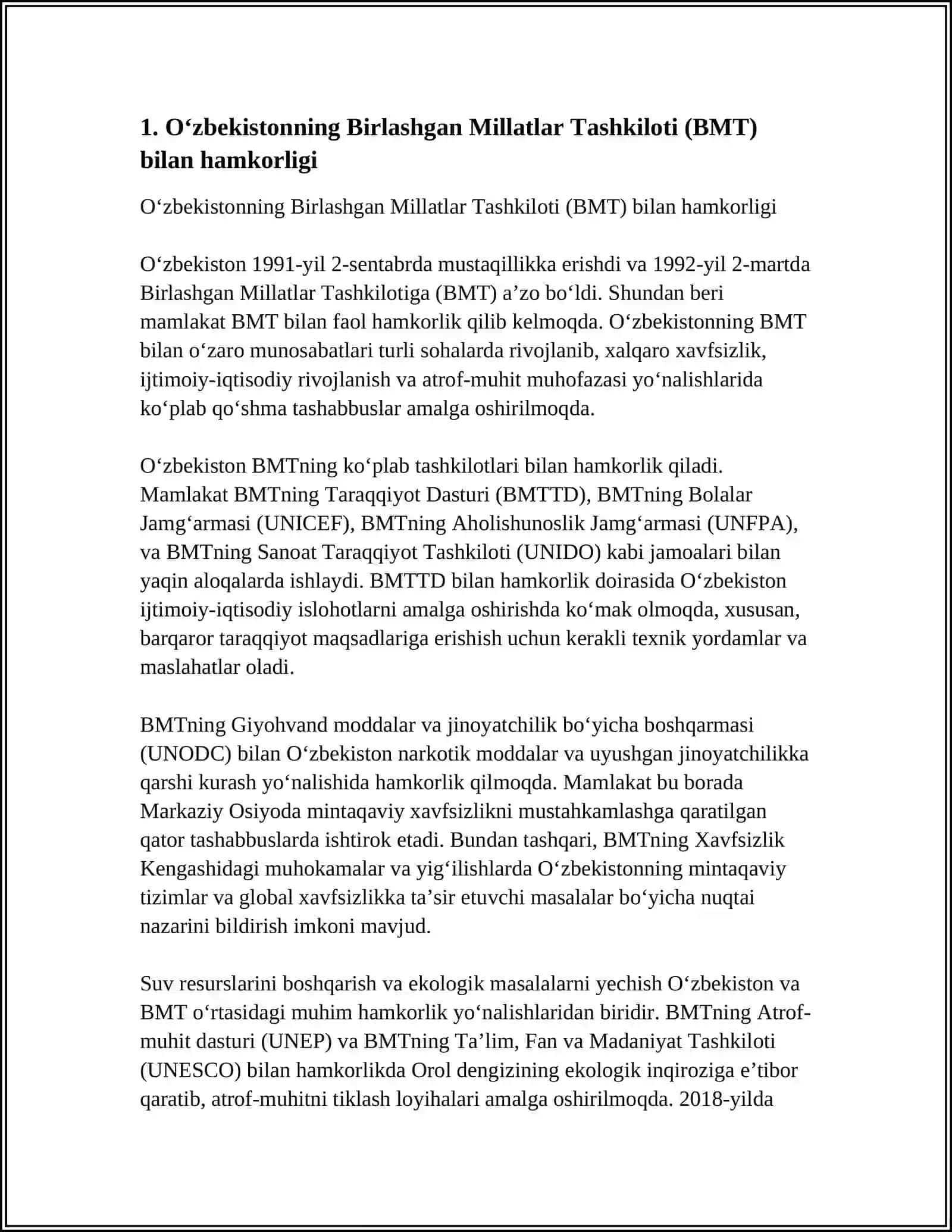O‘zbekistonning Xalqaro Tashkilotlarbilan Hamkorlik Aloqalari 4
