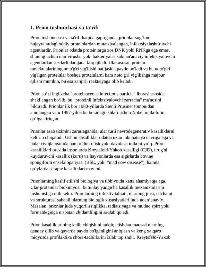 PRIONLAR HAQIDA TUSHUNCHA, KELIB CHIQISHI PRION KASALLIKLARI, AMALIYOTDA AHAMIYATI 4