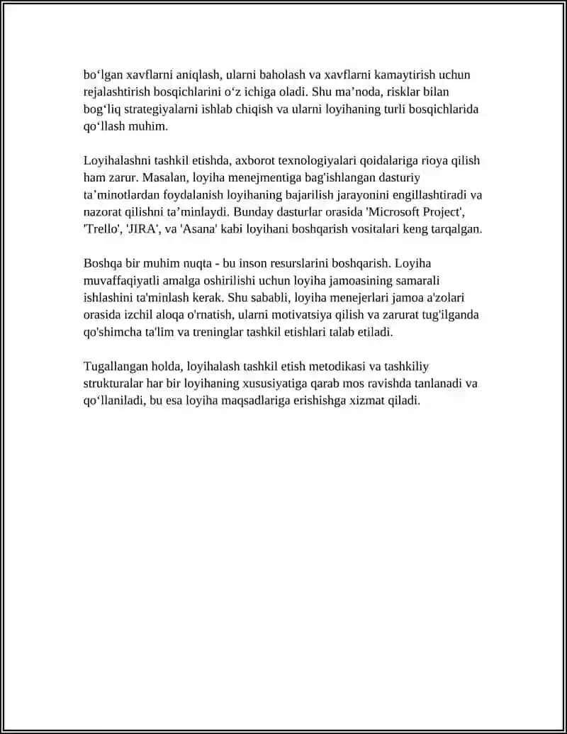 LOYIHALASHNI TASHKIL ETISH TEXNIKASI VA TEXNOLOGIYALAR SOXASI 4
