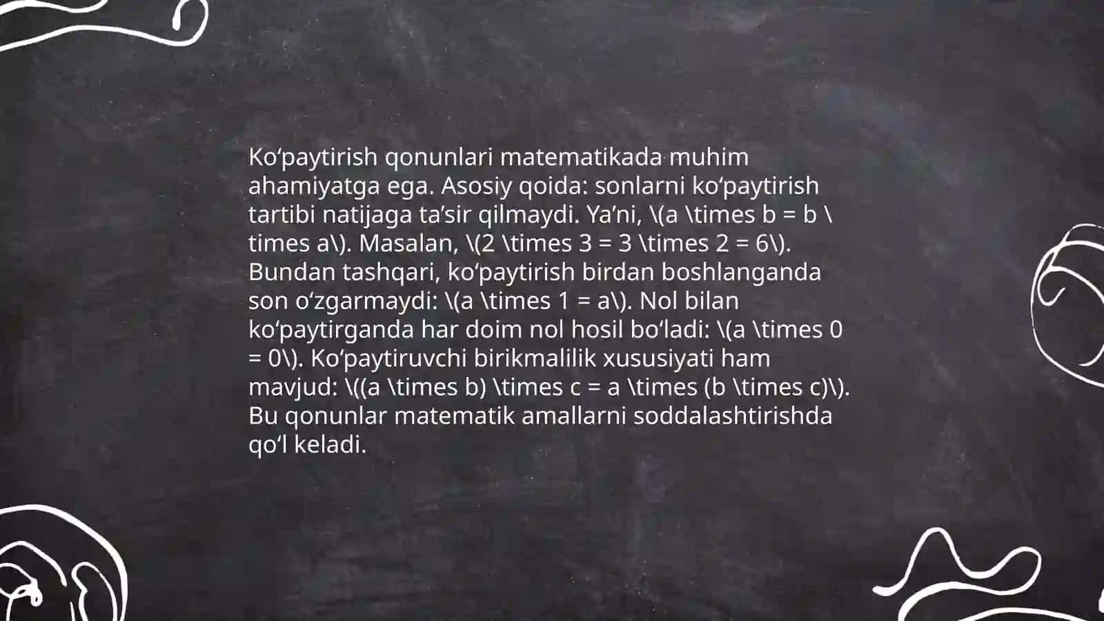 Qo’shish va ko’paytirish qonunlari. Ratsional sonlar to’plamining xossalari. O'nli kasrlar va ular ustida arifmetik amallarni bajarish algoritmi 4