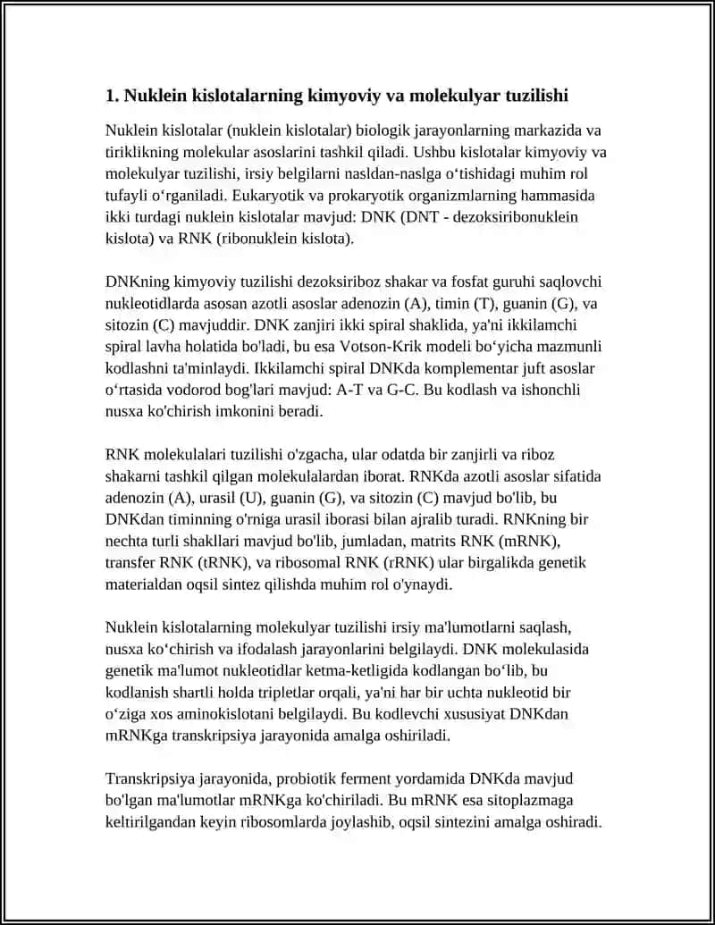 TIRIKLIKNING MOLEKULAR ASOSLARI. NUKLEIN KISLATA VA IRSIY BELGILARINI NASLDAN BASLGA OʻTISHIDAGI ROLI 4