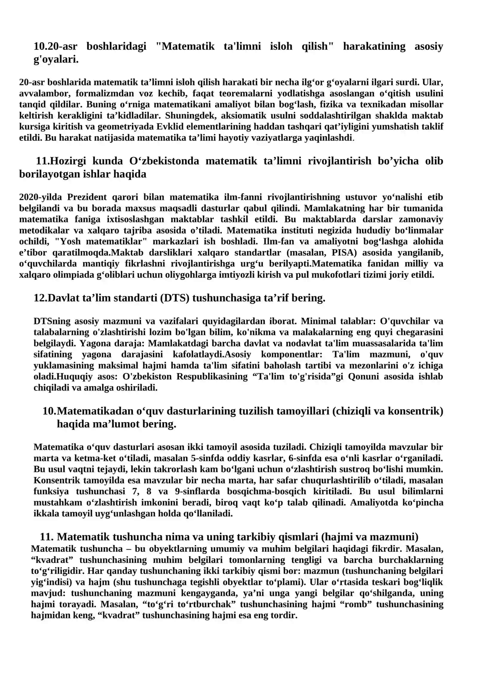 Matematika o’qitish metodikasi fanidan 2025-2026 o’quv yili 2-yarim yilligi uchun Yakuniy nazorat savollari 4