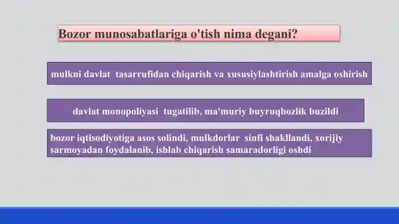 Iqtisodiy islohotlar, xususiy mulkchilikning  shakllanishi. O‘zbekistonda bozor  munosabatlarining rivojlanishi 4