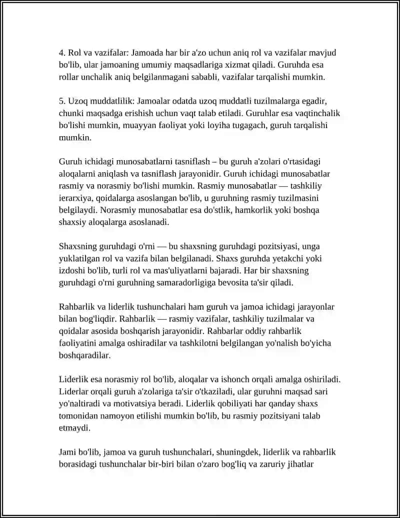 JAMOA VA GURUH TUSHUNCHASI.GURUH ICHIDAGI MUNOSABATLARNI TASNIFI SHAXSNING GURUHDAGI O'RNI. RAHBARLIK VA LIDERLIK 4