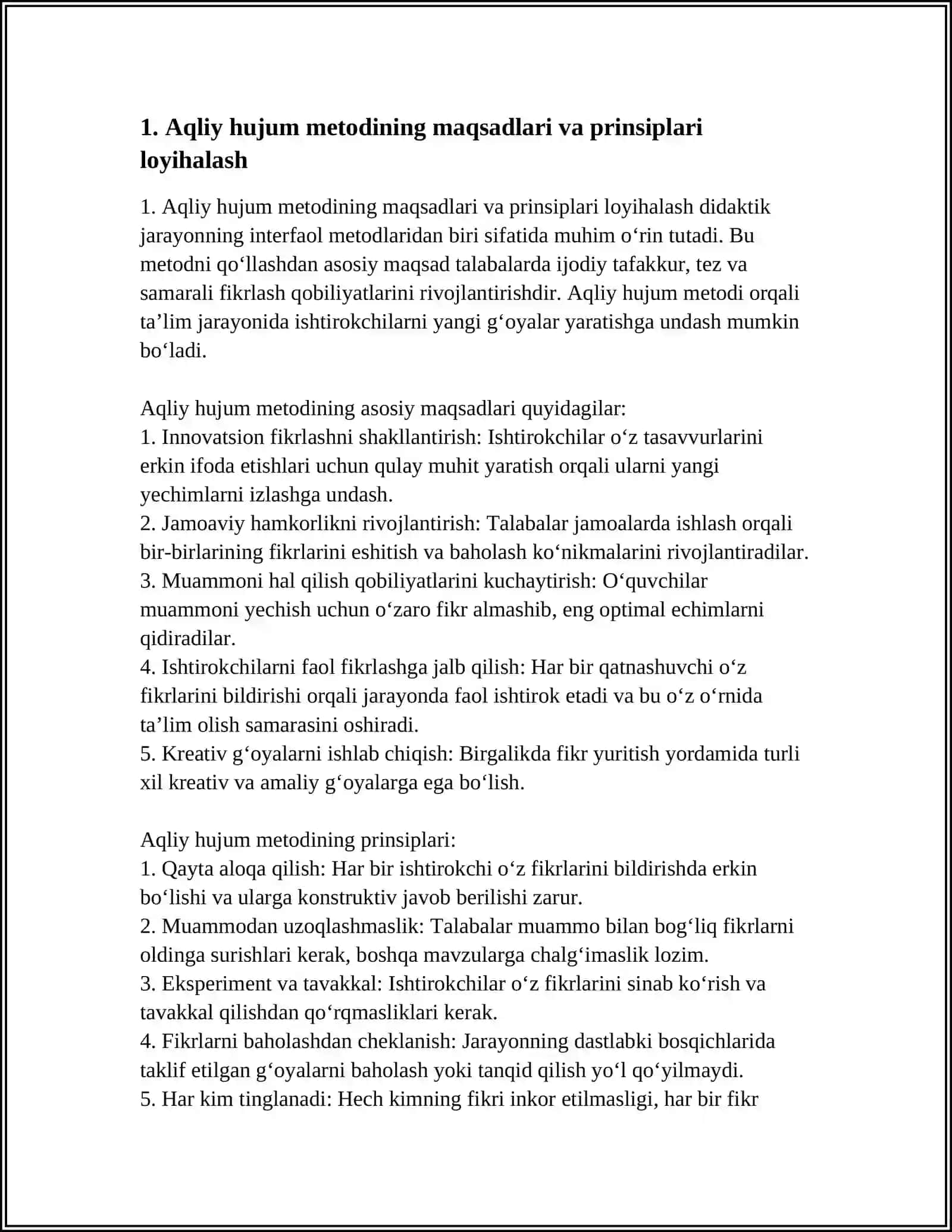 DIDAKTIK JARAYON LOYIHASINING INTERFAOL METODLARI "AQLIY HUJUM", "MUNOZARA", "KICHIK GURUHLARDA ISHLASH" METODLARINING QOʻLLANILISHI USULLARI 4