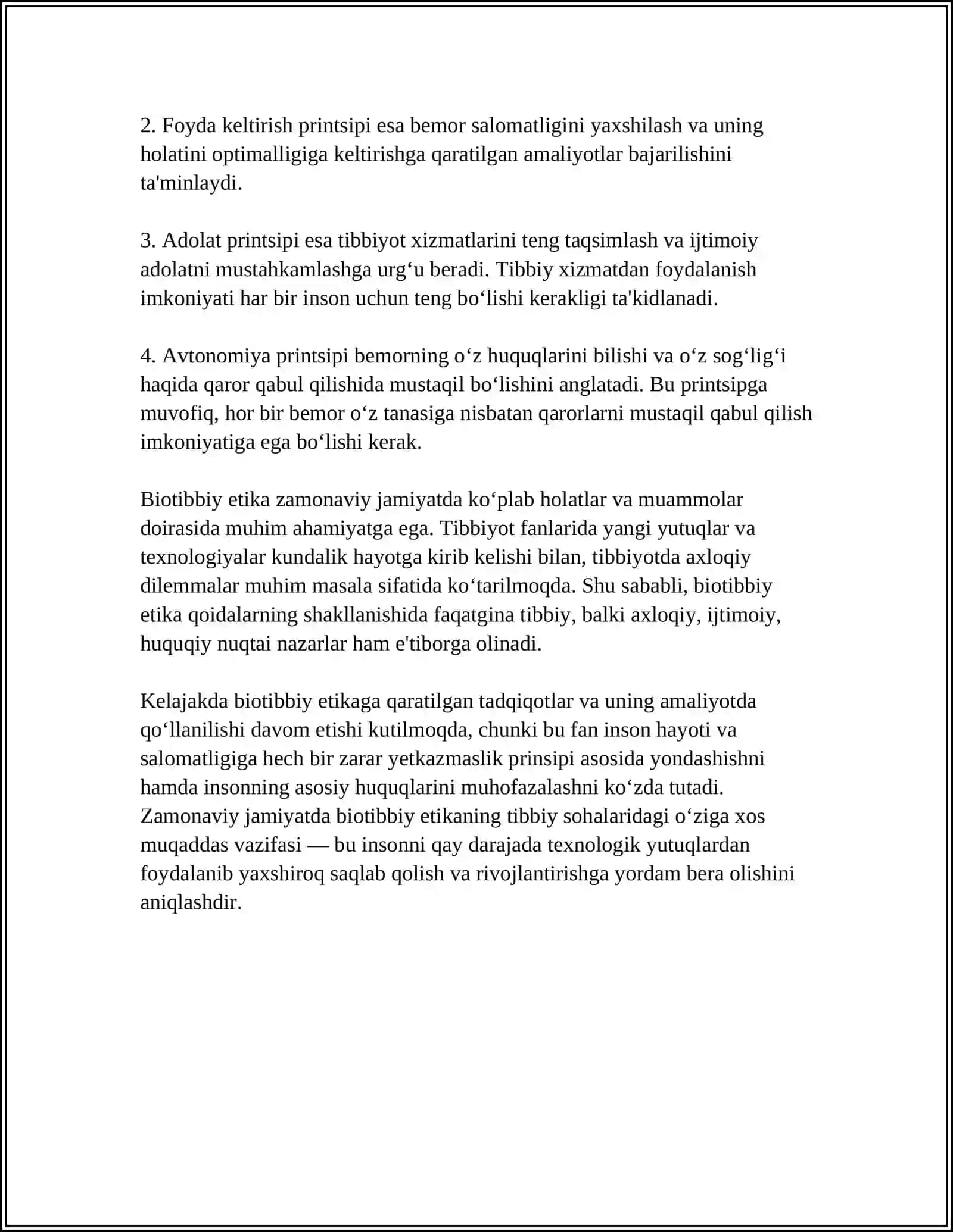 ZAMONAVIY JAMIYATDA BIOTIBBIY ETIKA, UNING PREDMETI, HOLATI VA MUAMMOLAR DOIRASI 4
