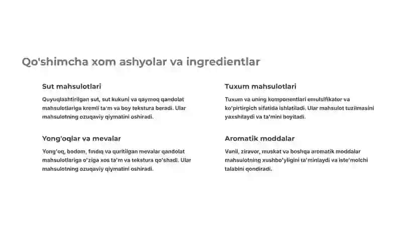 Qandolat mahsulotlari ishlab chiqarish: Xom ashyo va texnologiyalar 4