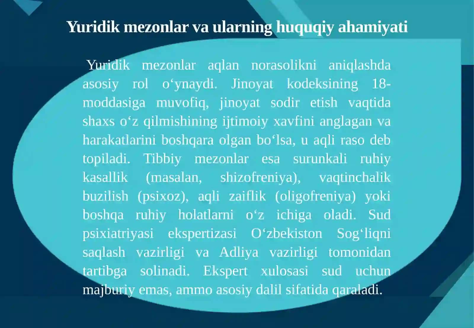 Aqlannorasolik: yuridik va tibbiy mezonlar. Cheklangan aqlannorasolik va uning huquqiy oqibatlari 4