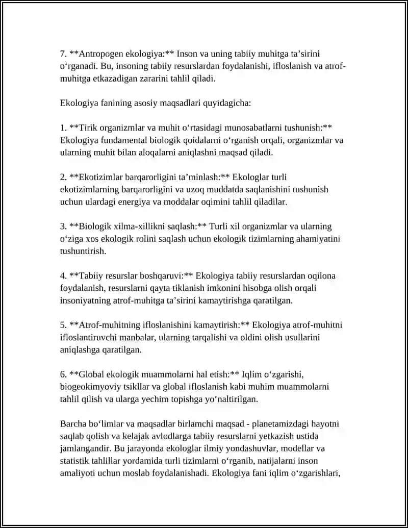 EKOLOGIYA FANINING MAQSADI VA VAZIFALARI 4