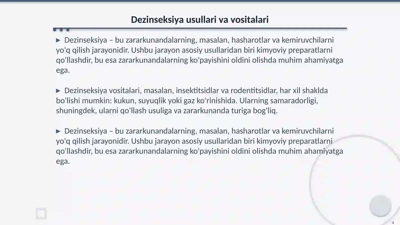 Dezinfeksiya, dezinseksiya, deratizatsiya va sterilizatsiya usullari va vositalari 4
